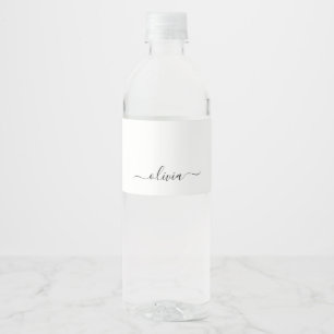 Black White Modern Script Girly Monogram Name Water Bottle Label