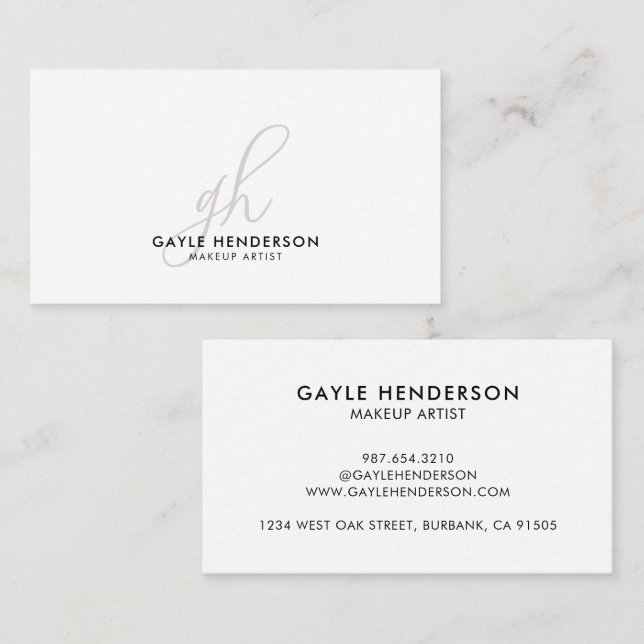 Black White Modern Script Monogram Makeup Artist Business Card (Front/Back)
