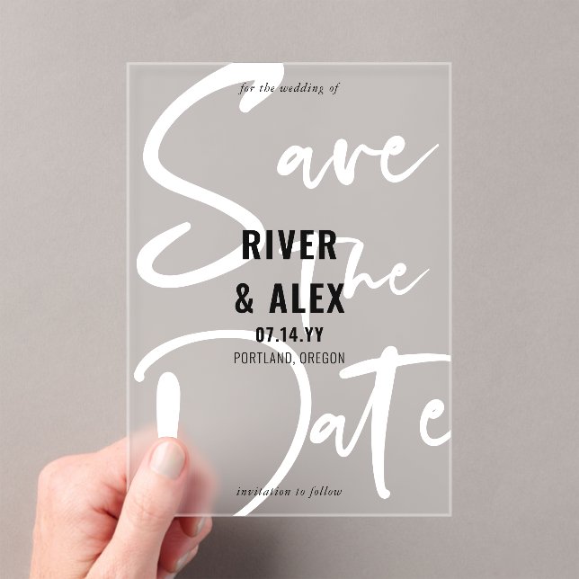 Black White Modern Script Save the Date Acrylic Invitations (Insitu (Handheld))