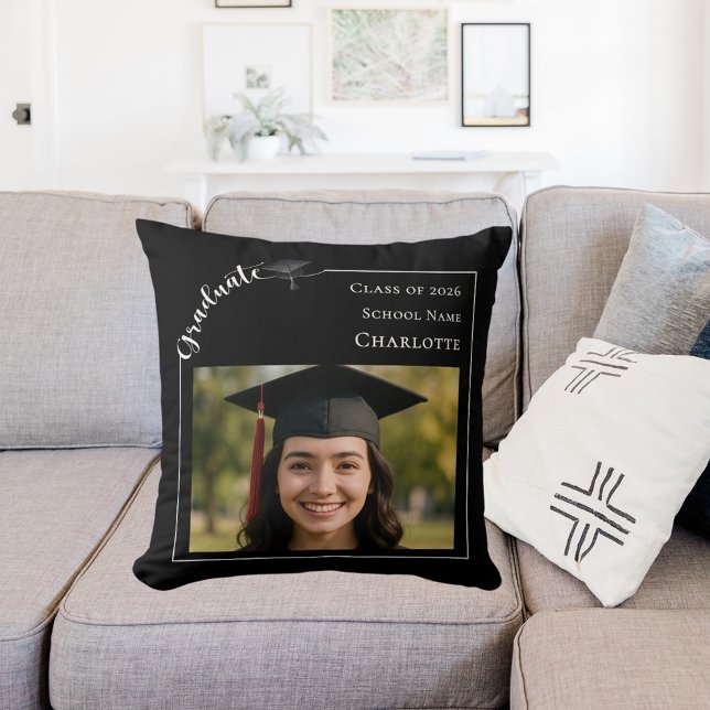 Black white modern simple photo Graduate Throw Pillow (Creator Uploaded)