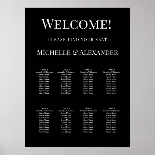 Black white modern simple wedding seating chart (Front)
