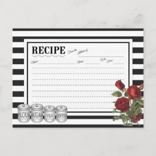 Black White Modern Stripes Floral Recipe Card
