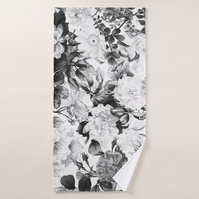 Black white modern watercolor country floral bath towel (Bath Towel)