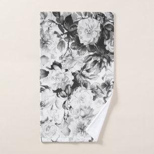 Black white modern watercolor country floral hand towel