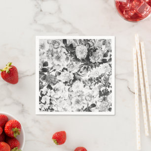 Black white modern watercolor country floral napkin