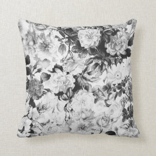 Black white modern watercolor country floral throw pillow