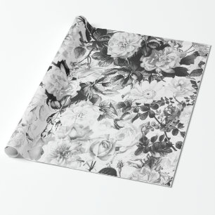 Black white modern watercolor country floral wrapping paper