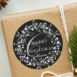 Black & White Modern Wildflower Wreath Christmas Classic Round Sticker<br><div class="desc">This elegant Christmas sticker features wildflower silhouette wreath with stylish calligraphy.</div>
