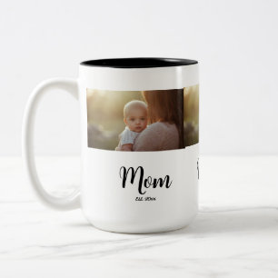 Black White Mom Est. Year 3 Photo New Mom Gift Two-Tone Coffee Mug