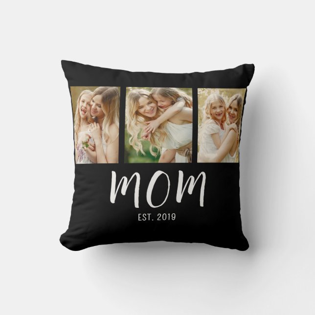 Black White Mom Established Script 3 Photo Elegant Throw Pillow (Front)