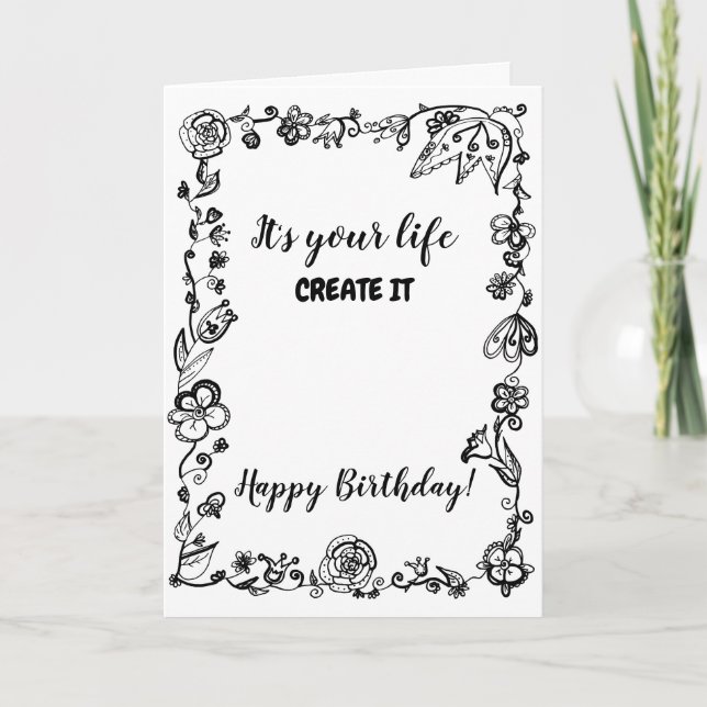 Black White Monochrome Boho Floral Doodle Birthday Card (Front)