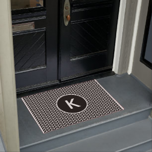 Black White Monogram Chevron Pattern Doormat