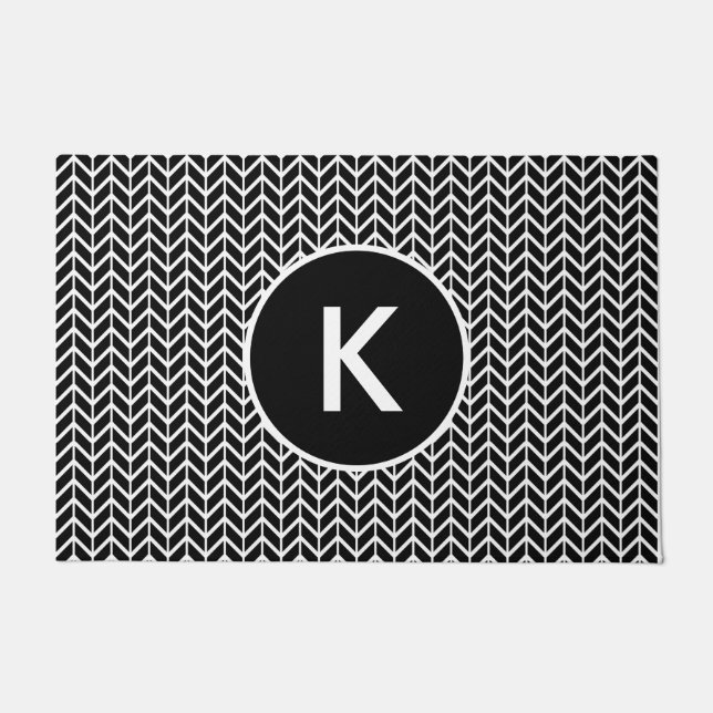 Black White Monogram Chevron Pattern Doormat (Front)