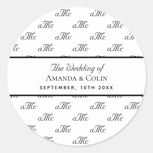 Black white monogram couple initials wedding classic round sticker (Front)
