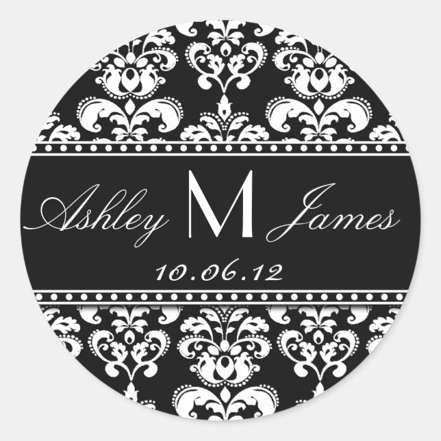 Black White Monogram Damask Save the Date Stickers (Front)
