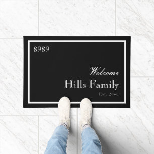 Black White Monogram Family Name House Number Doormat