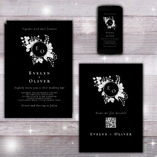 Black White Monogram Floral QRCode Elegant Wedding Invitation