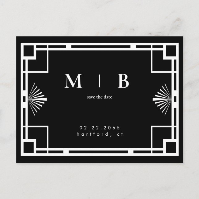 Black White Monogram Frame Wedding Save the Date  Announcement Postcard (Front)