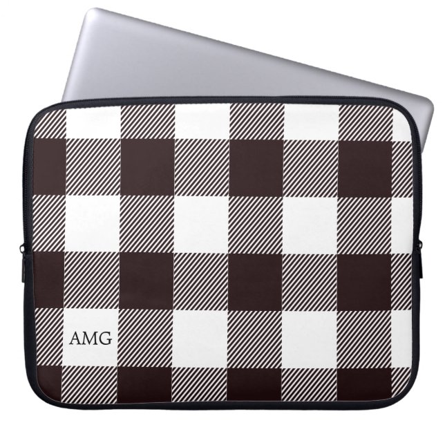 Black & White Monogram Gingham Plaid Pattern Laptop Sleeve (Front)