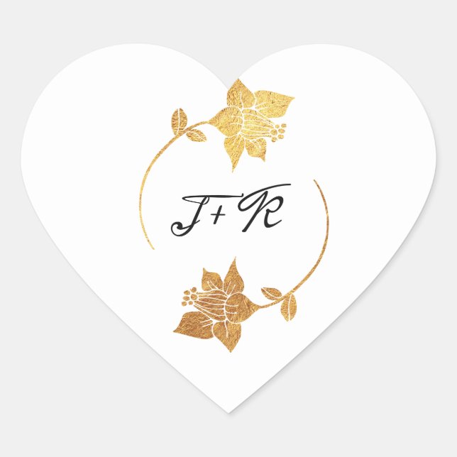 Black White Monogram Gold Flowers Initial Elegant Heart Sticker (Front)