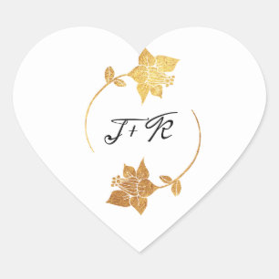 Black White Monogram Gold Flowers Initial Elegant Heart Sticker