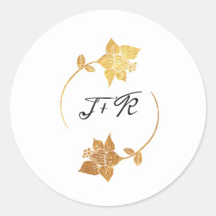 Black White Monogram Gold Flowers Initial Wreath Classic Round Sticker