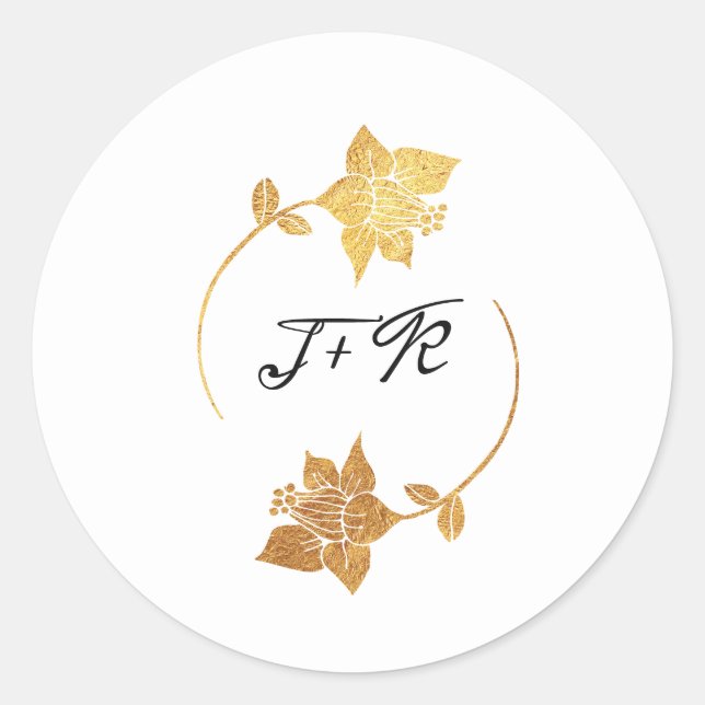 Black White Monogram Gold Flowers Initial Wreath Classic Round Sticker (Front)