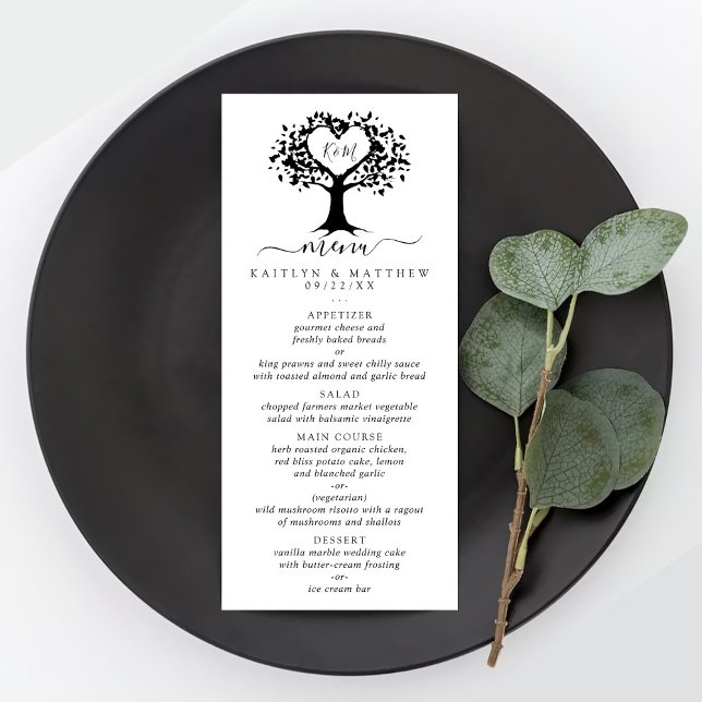 Black & White Monogram Heart Tree Wedding Menu (Creator Uploaded)
