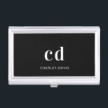 Black white monogram initails name minimalist business card holder<br><div class="desc">A classic chic black background. Personalize and add your monogram initials written with white block letters and your name in white. Modern,  trendy and simple.</div>