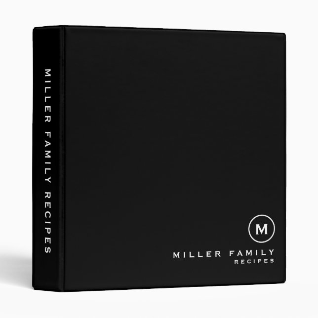 Black & White Monogram Initial Family Recipe Binder (Front/Spine)