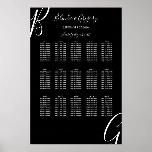 Black White Monogram Initial Wedding Seating Chart (Front)