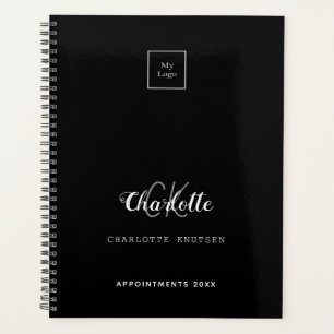 Black white monogram initials business 2025 planner