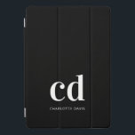 Black white monogram initials elegant modern iPad pro cover<br><div class="desc">Black background,  and white text. Personalize and add your monogram initials and a name.  For both him and her. Minimalist and modern!</div>