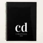 Black white monogram initials elegant planner<br><div class="desc">Black background,  white text. Personalize and add your monogram initials,  name and a title.</div>