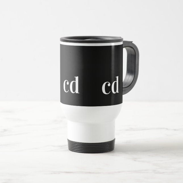 Black white monogram initials modern custom travel mug (Front Right)