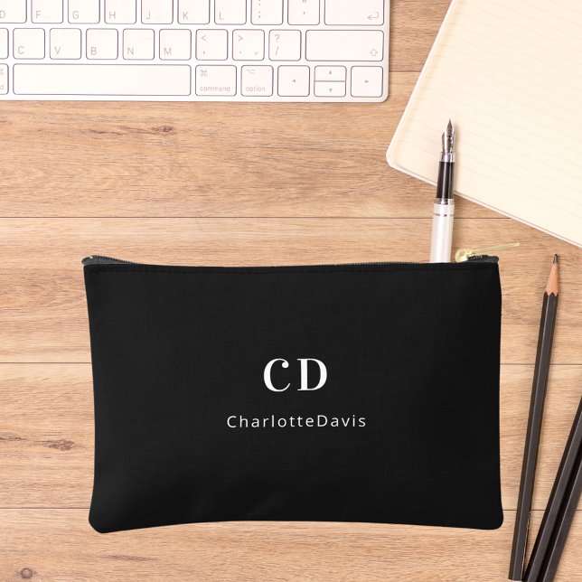 Black white monogram initials name accessory pouch (Creator Uploaded)