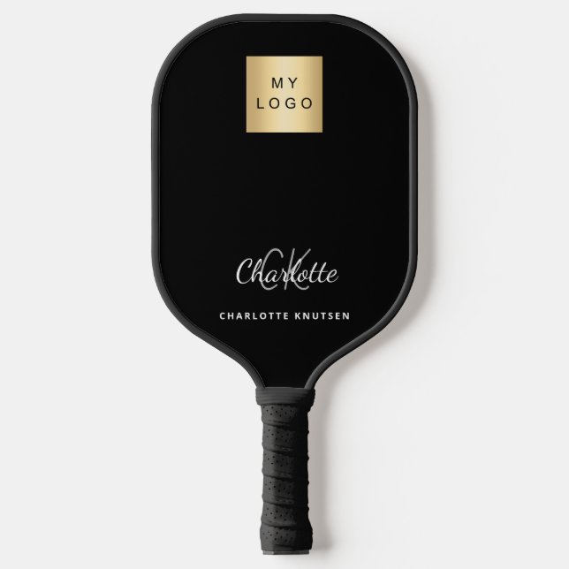 Black white monogram initials name business logo pickleball paddle (Front)