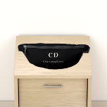 Black white monogram initials name fanny pack<br><div class="desc">Black background,  white text. Personalize and add your monogram initials and full name.</div>