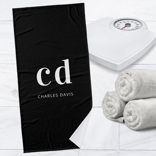Black white monogram initials name minimalist bath towel (Creator Uploaded)