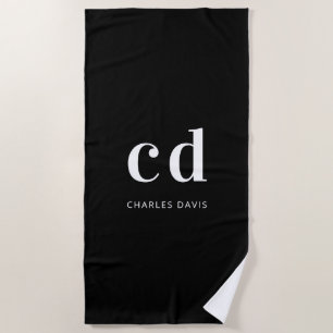 Black white monogram initials name minimalist beach towel
