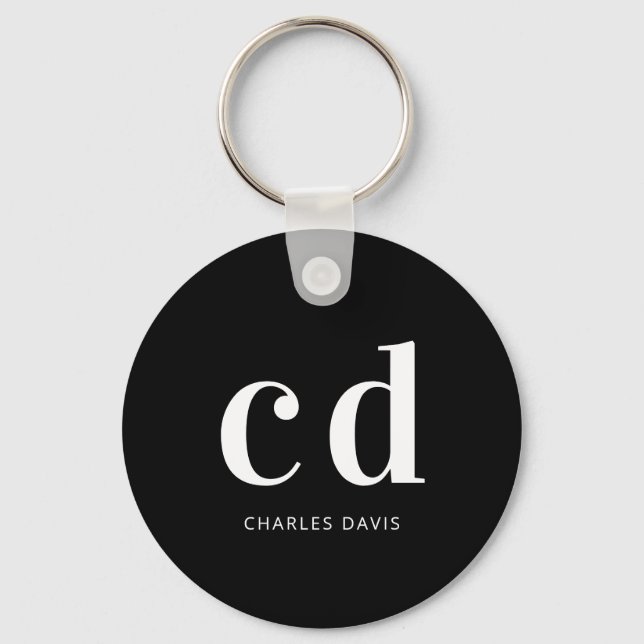 Black white monogram initials name minimalist  keychain (Front)