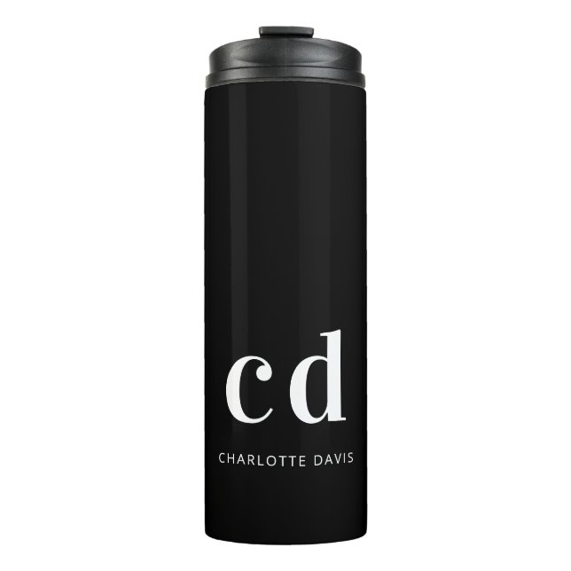 Black white monogram initials name minimalist thermal tumbler (Front)