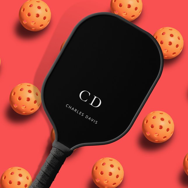 Black white monogram initials name pickleball paddle (Creator Uploaded)