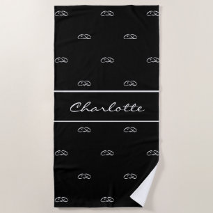 Black white monogram initials pattern name script beach towel