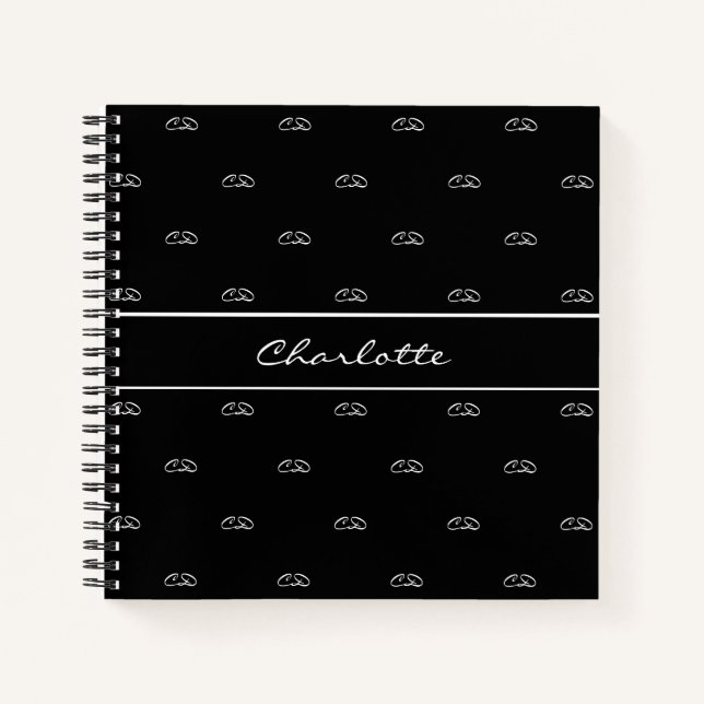 Black white monogram initials pattern name script notebook (Front)