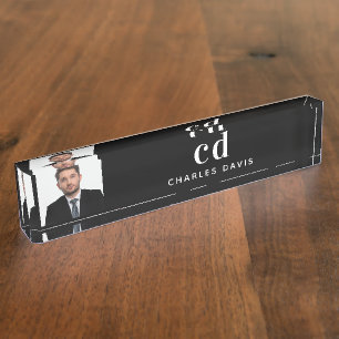 Black white monogram initials photo nameplate