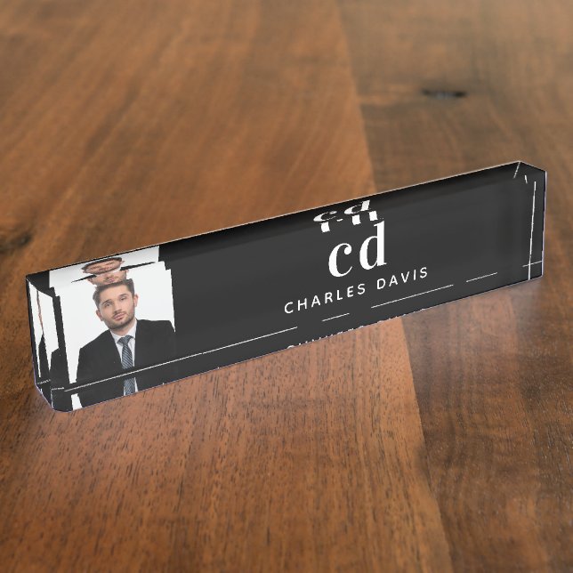 Black white monogram initials photo nameplate (Side)