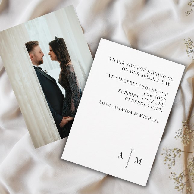 Black White Monogram Minimal Wedding Photo Thank You Card (Creator Uploaded)