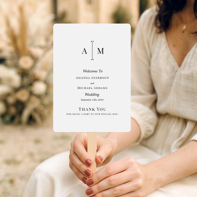  Black White Monogram Minimal Wedding Program  Hand Fan (Creator Uploaded)