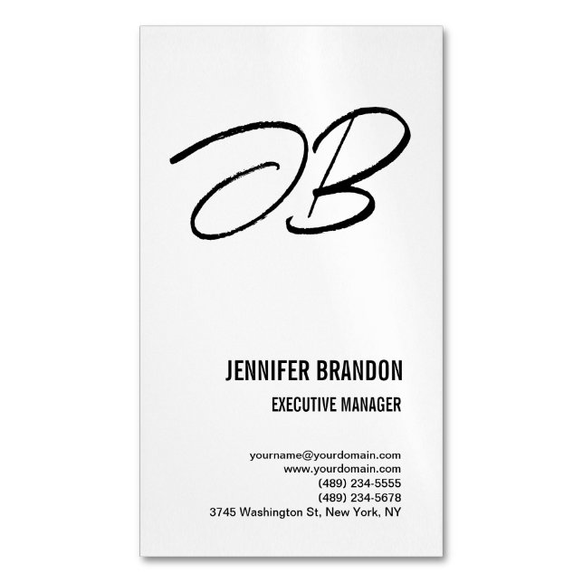 Black White Monogram Minimalist Modern Plain Magnetic Business Card (Front Vertical)